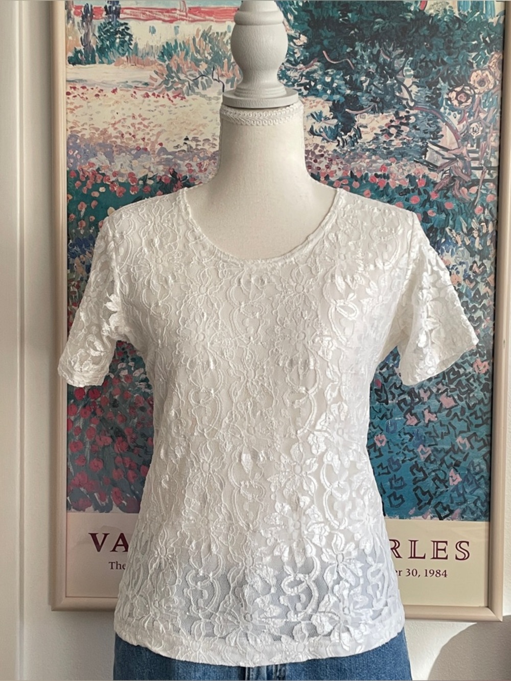 Vintage 90s Impressions White Floral Lace Top Small Baby Tee Coquette Fairy